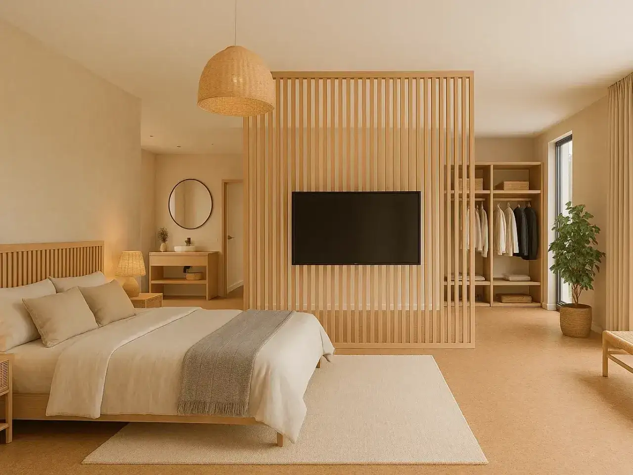 Une **suite parentale** moderne avec un lit douillet, une s&eacute;paration en bois abritant une TV, et un dressing ouvert.