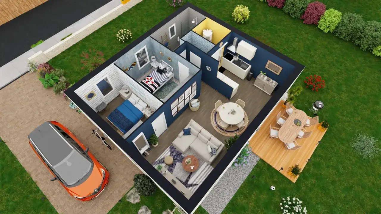 Vue a&eacute;rienne d'une maison 60 m2 avec salon, cuisine, deux chambres, salle de bain, terrasse et jardin. Une voiture orange est gar&eacute;e devant.