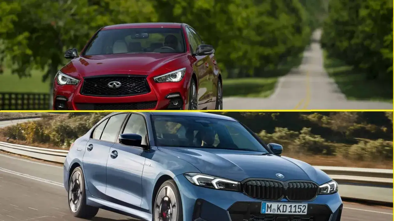 Czerwony Infiniti G35 i niebieski BMW na drodze.