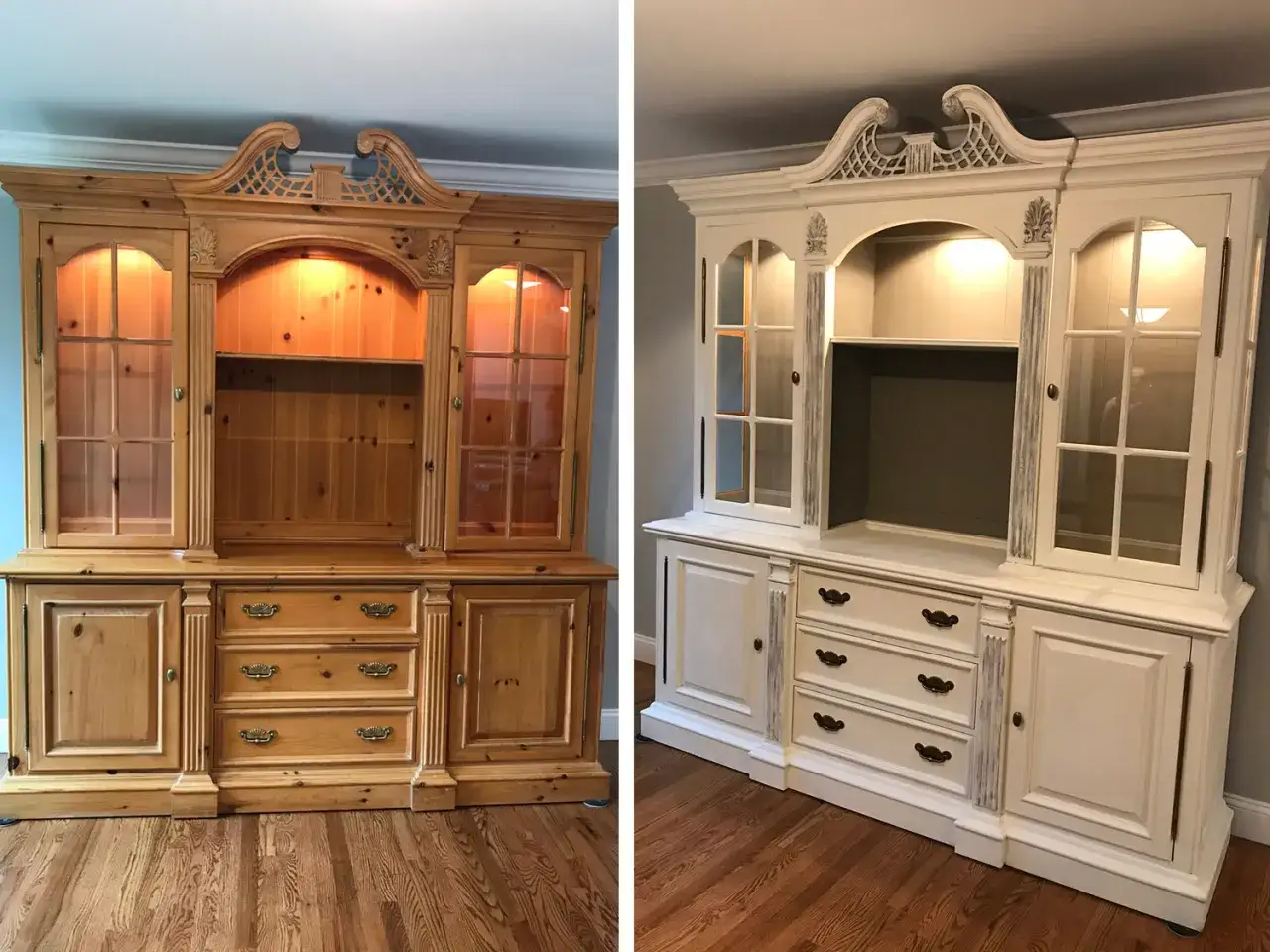 Avant/après : un meuble en bois transformé par un patinage blanc vieilli, lui donnant un nouveau charme.