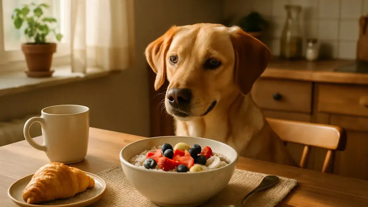 Ein Hund schaut sehns&uuml;chtig auf eine Sch&uuml;ssel mit Haferflocken, Obst und einem Croissant. Ob er die Haferflocken roh oder gekocht mag, bleibt ein R&auml;tsel.