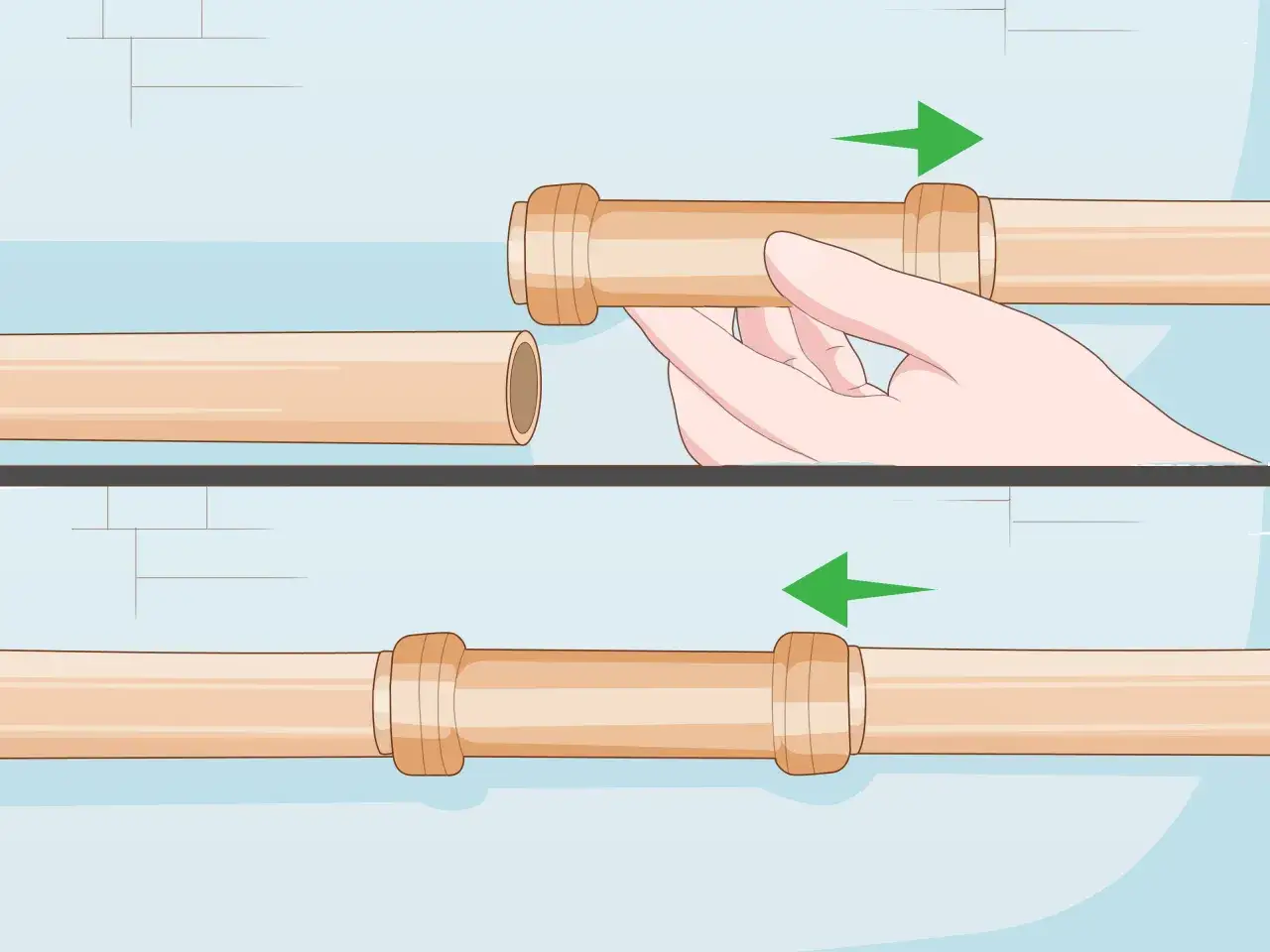 Illustration montrant comment réparer un tuyau percé en emboîtant un raccord.