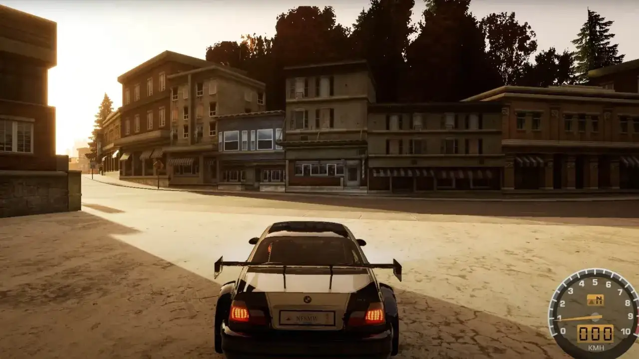 Widok zza sportowego BMW z wielkim spojlerem, gotowego do akcji w nfs most wanted remake.