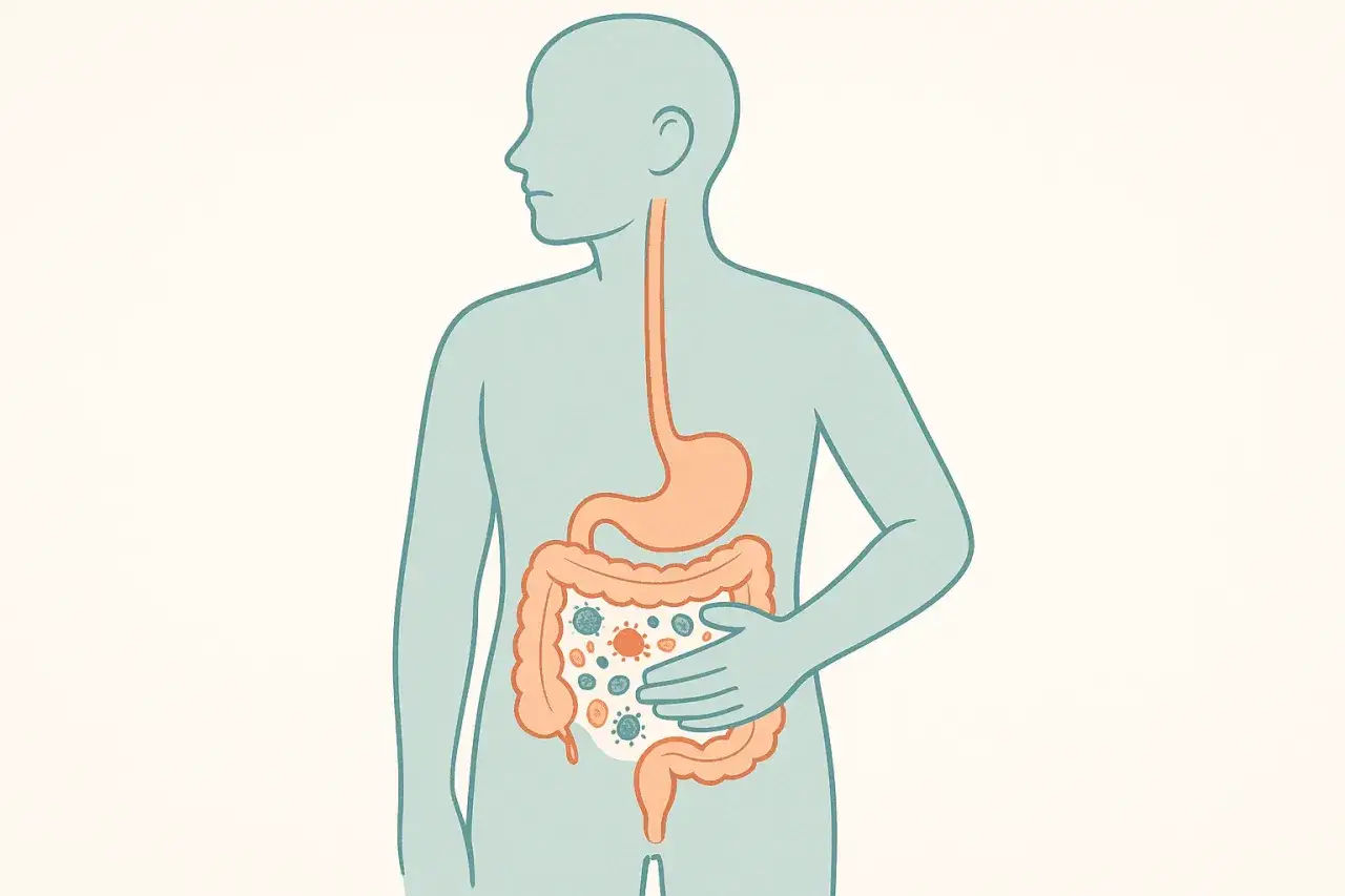 Illustration av en person med en mage som k&auml;nns bubblig efter magsjuka, med illustration av bakterier i tarmen.