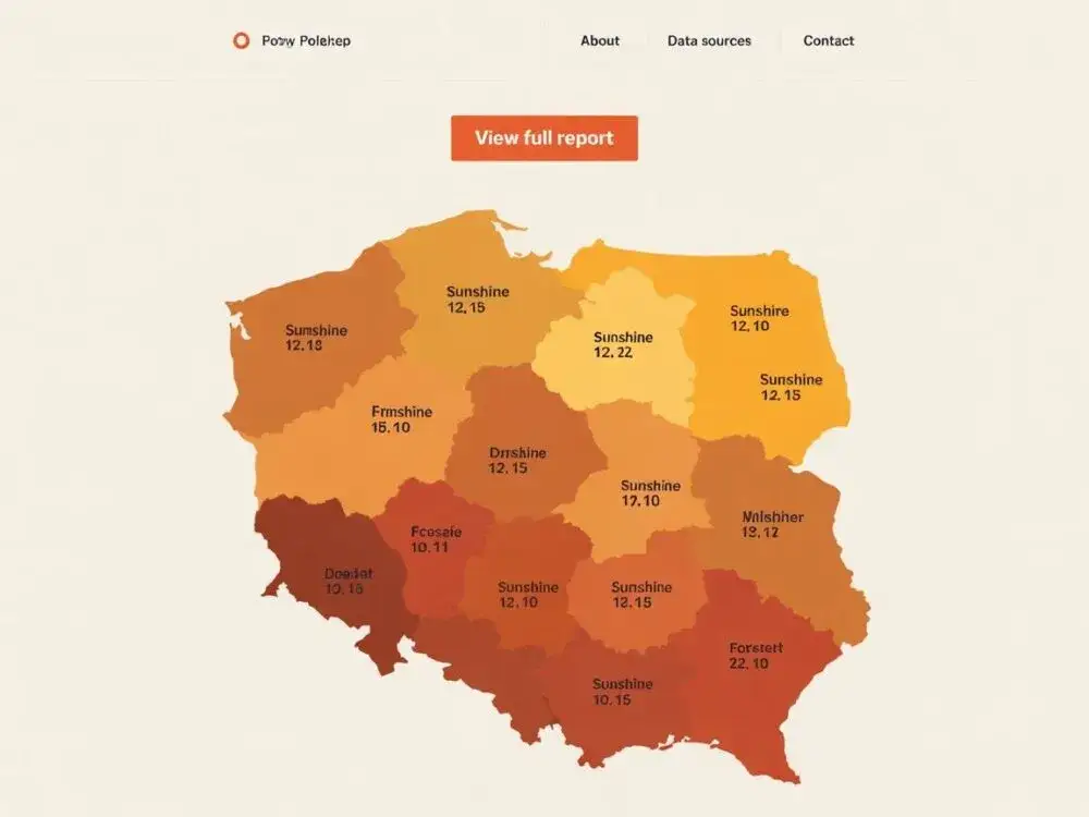 Mapa nasłonecznienia Polski pokazująca różnice w natężeniu promieniowania słonecznego w różnych regionach