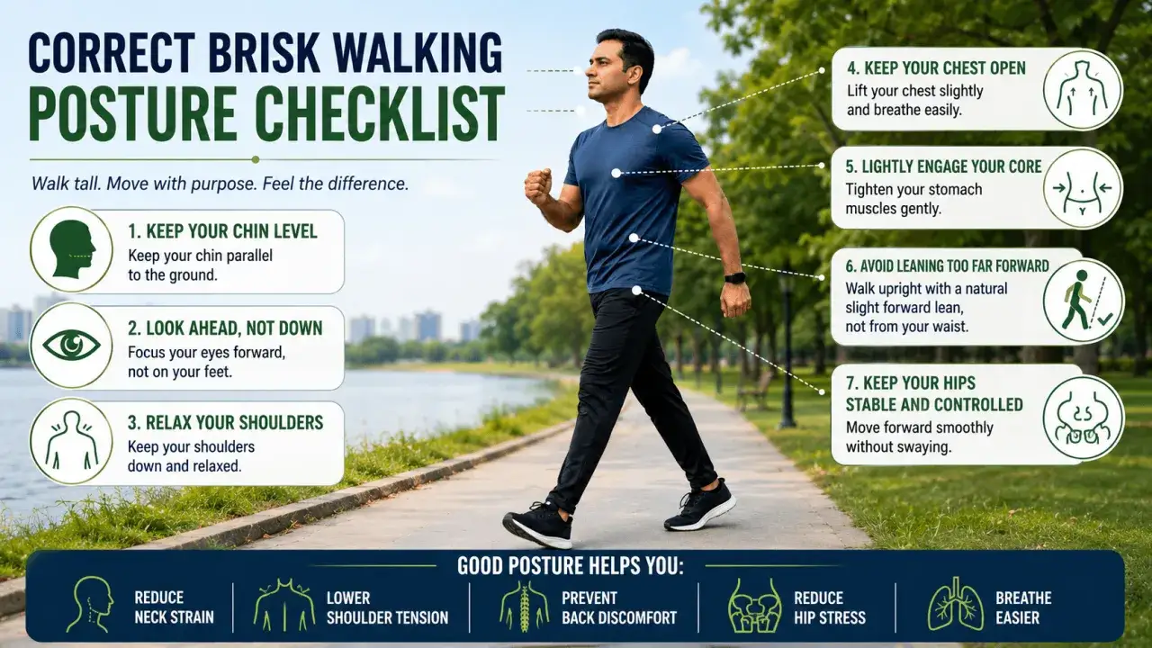 Un homme marche avec une posture parfaite, suivant les conseils d'une liste de contr&ocirc;le pour une marche rapide de 30 minutes.