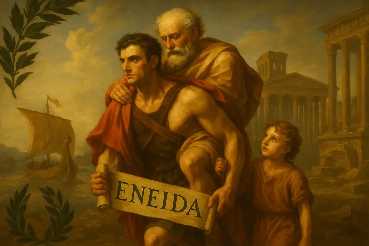 Eneasz niesie ojca Anchizesa, a syn Julus podąża za nimi. W tle żaglowiec i ruiny.