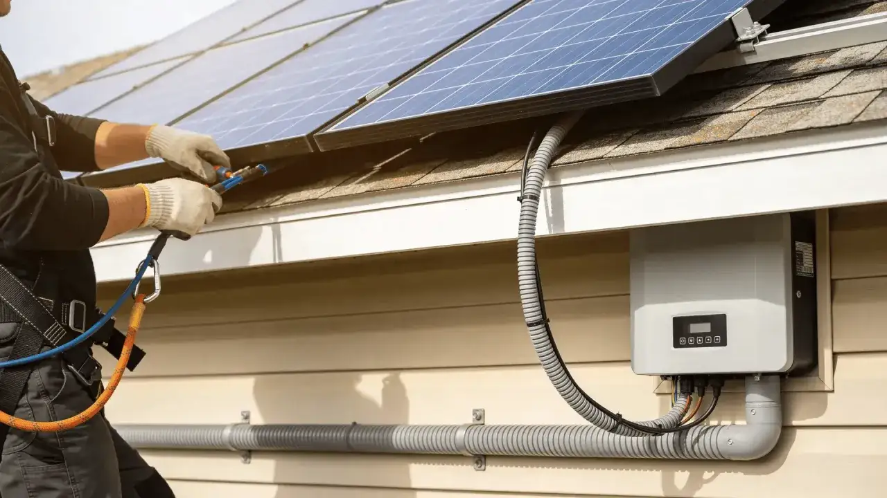 Instalator podłącza kable do falownika fotowoltaicznego. Odpowiedni kabel do fotowoltaiki 10 kw jest kluczowy dla bezpieczeństwa i wydajności instalacji.