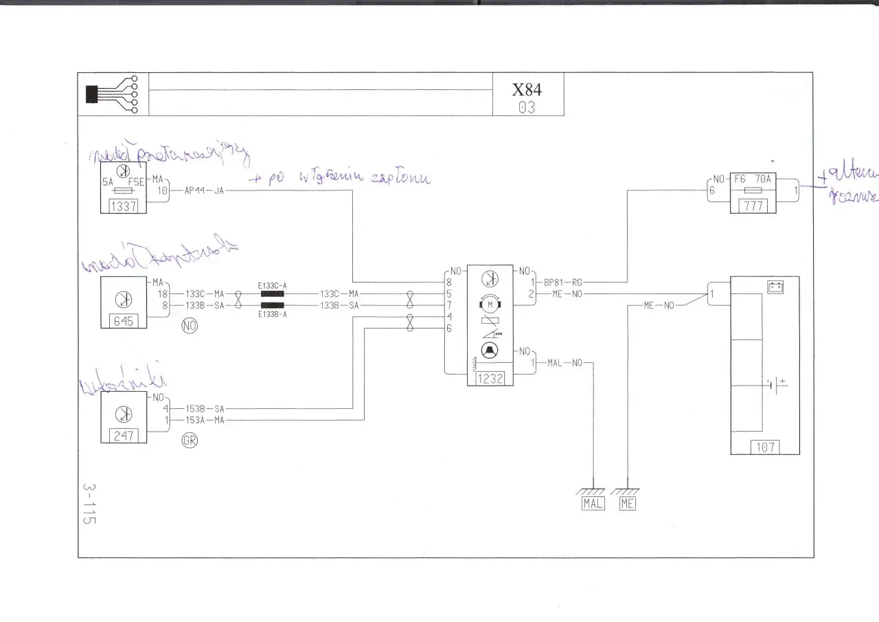 Schemat elektryczny z elementami do podłączenia wspomagania elektrycznego Renault. Widać przekaźniki, bezpieczniki i połączenia.