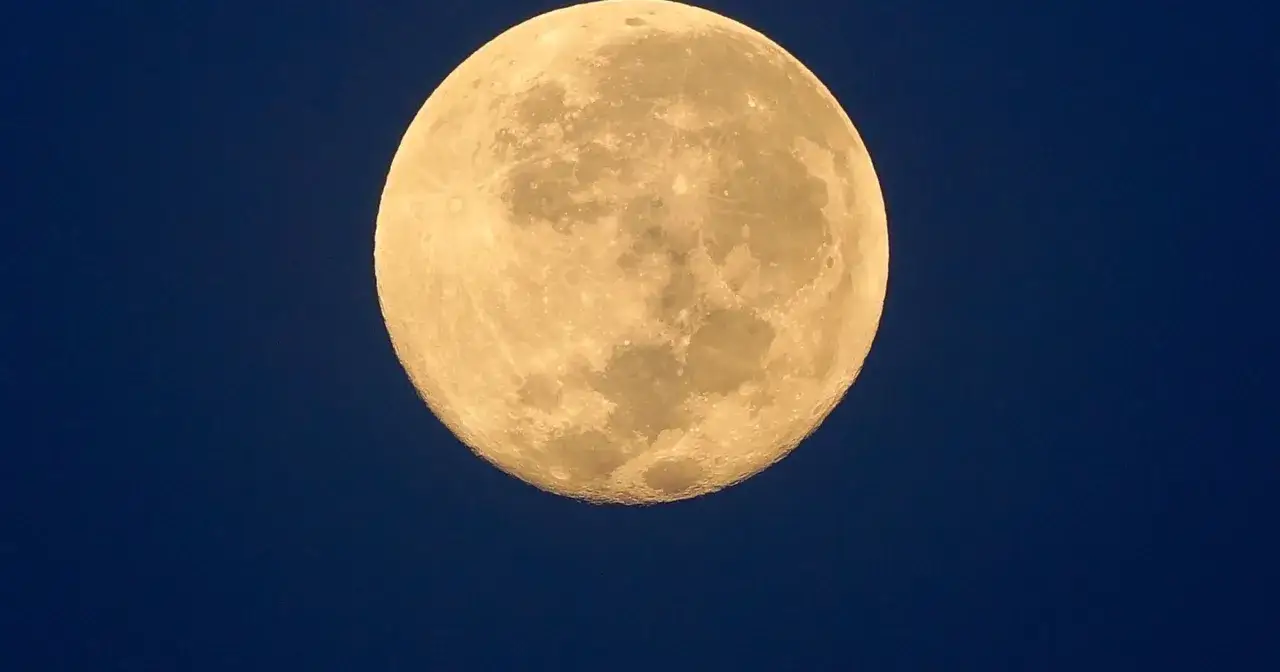 Jasna, pełnia w lwie rozświetla nocne niebo. Widać kratery i morza księżycowe.