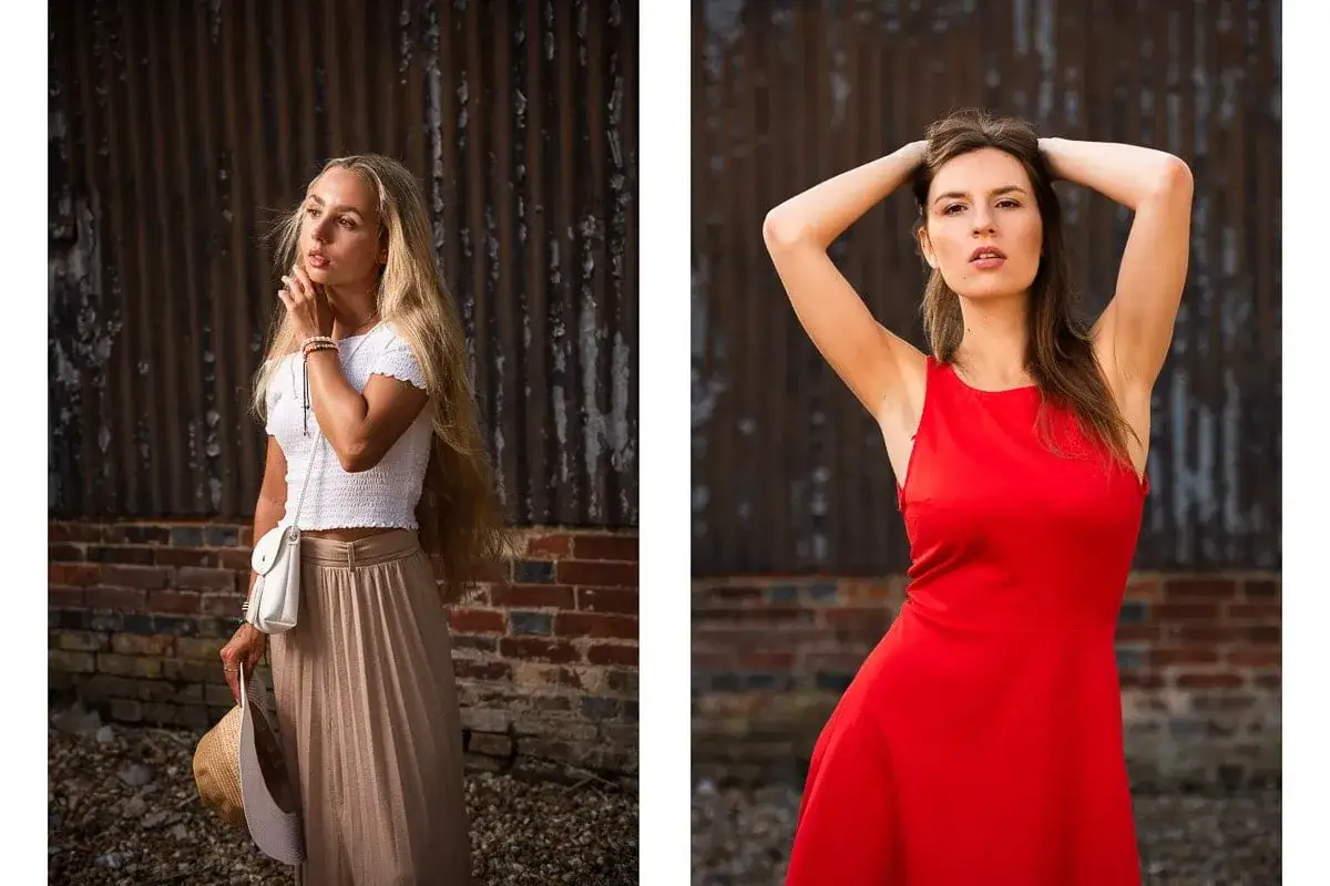 Split image: Blonde woman in white top and beige skirt, holding a hat. Red dress woman with hands behind head. A visual comparison of 50mm vs 85mm lens effects.