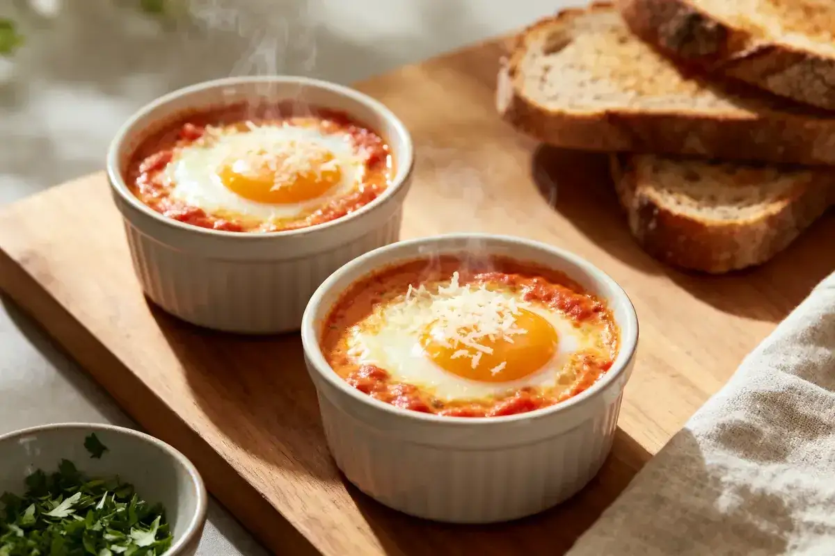 Deux &oelig;ufs cocotte fumants dans leur ramequin, parfaits pour un temps de cuisson &oelig;uf cocotte four chaleur tournante. Servi avec du pain grill&eacute;.