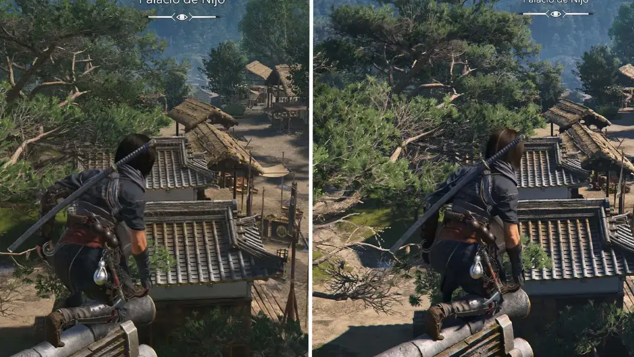 Un personaje de Assassin's Creed Shadows se agazapa en un tejado, listo para la acci&oacute;n. La imagen muestra dos versiones del juego, quiz&aacute;s para comparar gr&aacute;ficos en Nintendo Switch.
