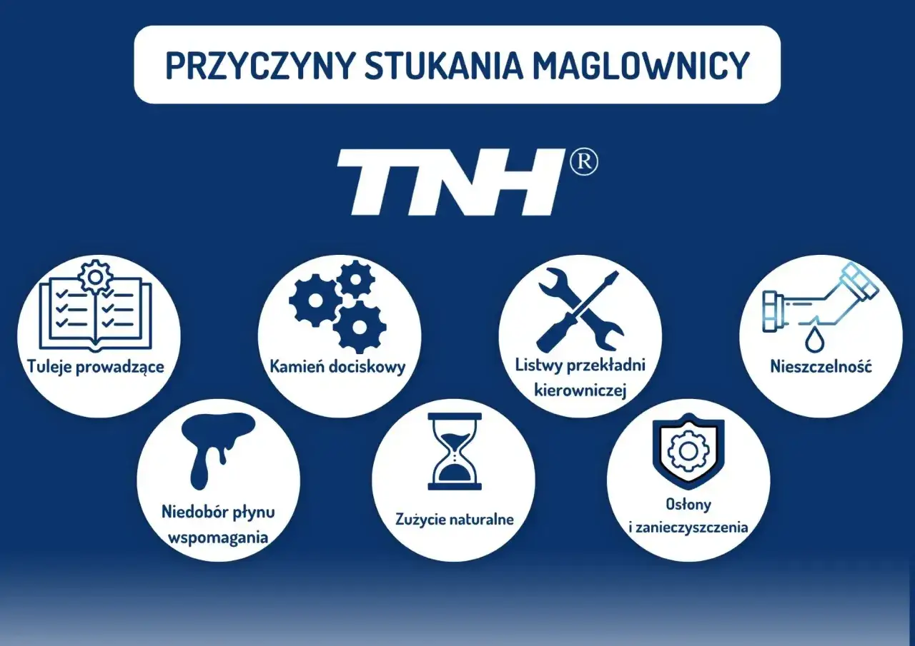 Przyczyny stukania maglownicy: luzy na tulejach, kamień dociskowy, zużycie, niedobór płynu, nieszczelność, osłony.