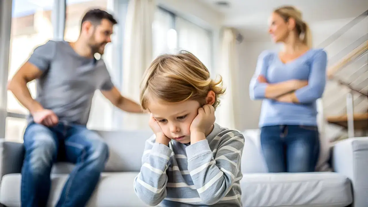 Un ni&ntilde;o se tapa los o&iacute;dos, sintiendo que mi hijo no me quiere, mientras sus padres discuten al fondo.