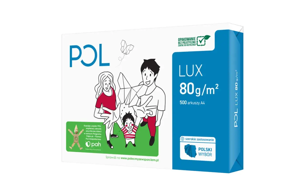 Opakowanie papieru POL LUX 80g/m², klasy papieru idealnej do codziennych zastosowań. Rodzina puszcza papierowe samoloty.