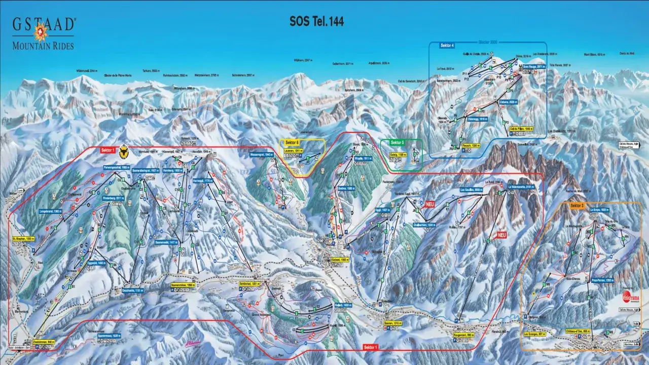 Mapa ośrodka narciarskiego Gstaad, pokazująca trasy, wyciągi i szczyty. Gdzie jest Davos? To nie Davos, to Gstaad!