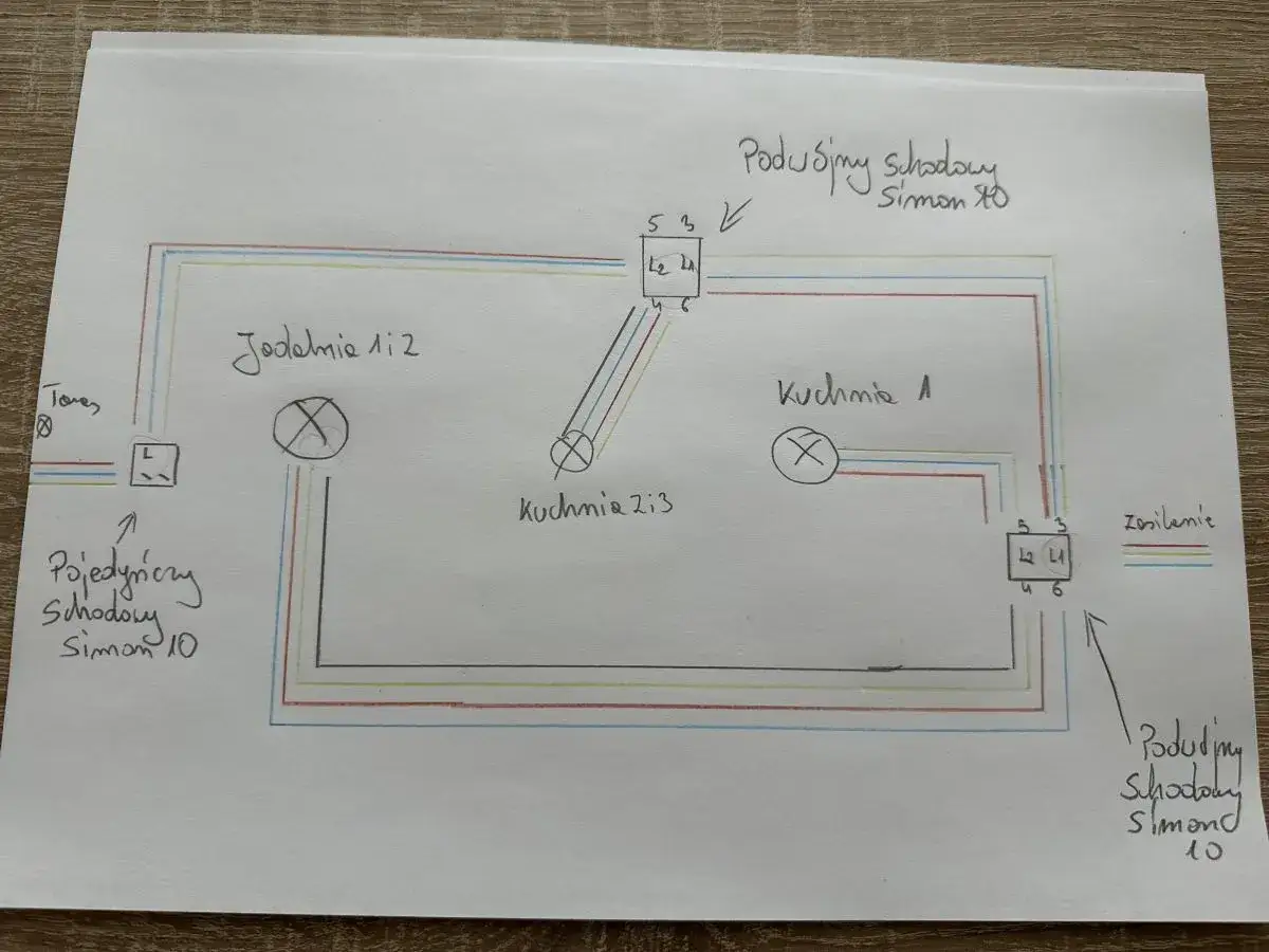 Schemat pokazuje, jak podłączyć włącznik schodowy pojedynczy Simon 10, łącząc zasilanie, lampy w jadalni i kuchni.