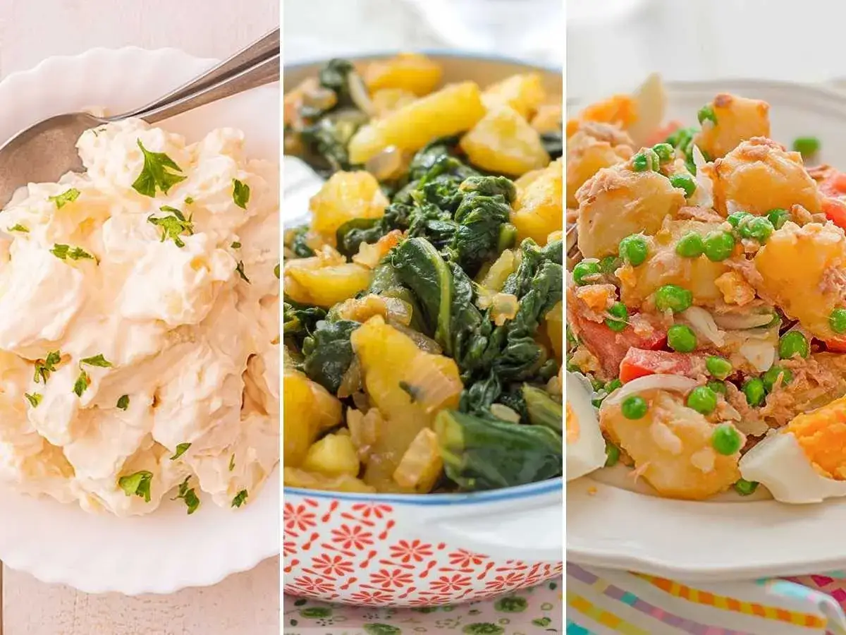 Tres platos deliciosos: ensalada cremosa, patatas con espinacas y ensalada de patatas con atún y huevo. ¡Perfecto para cocer patatas!