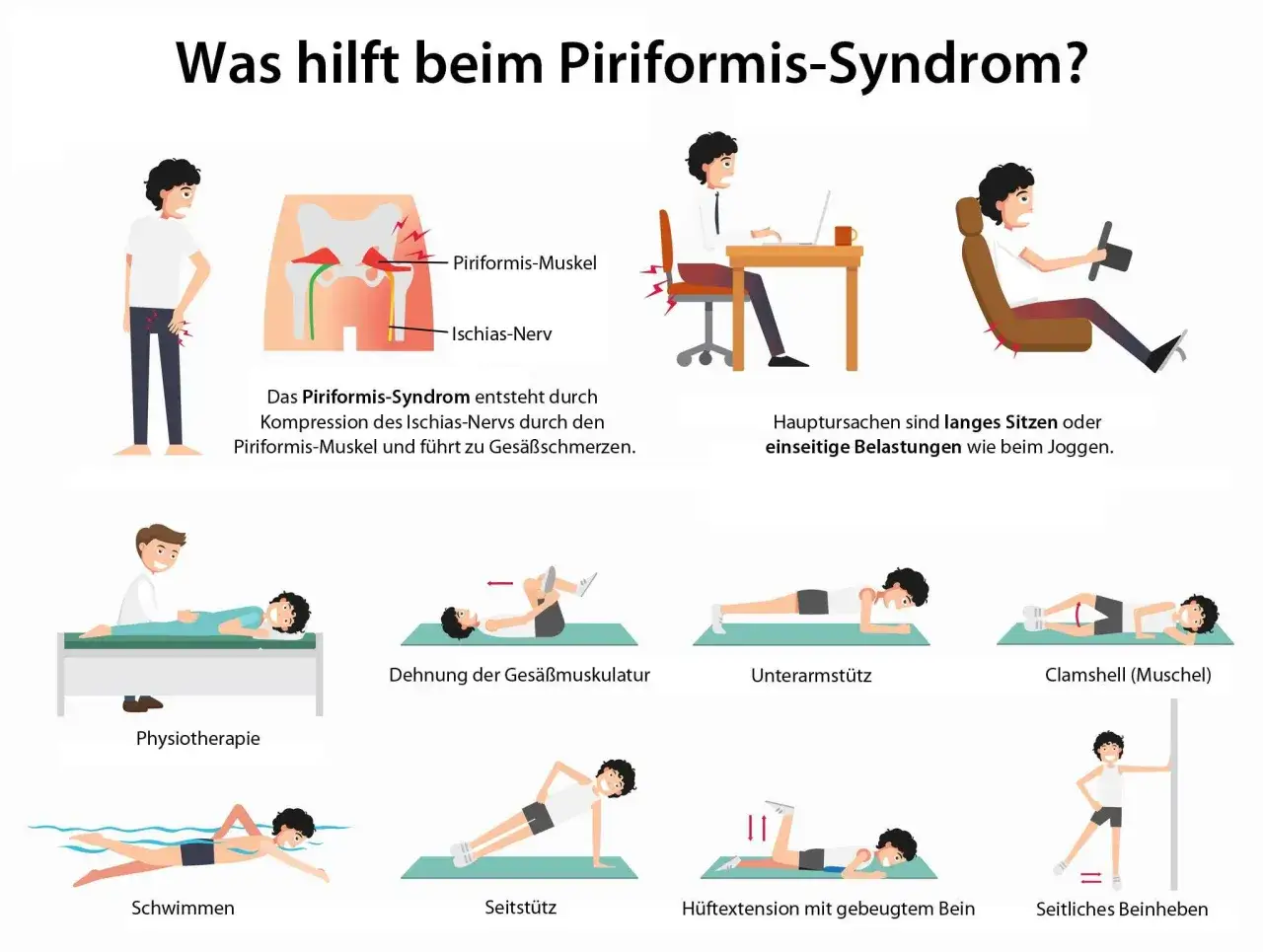 Illustrationen zeigen Ursachen des Piriformis-Syndroms und Übungen zur Physiotherapie bei Ischias, wie Dehnen, Stützen und Schwimmen.