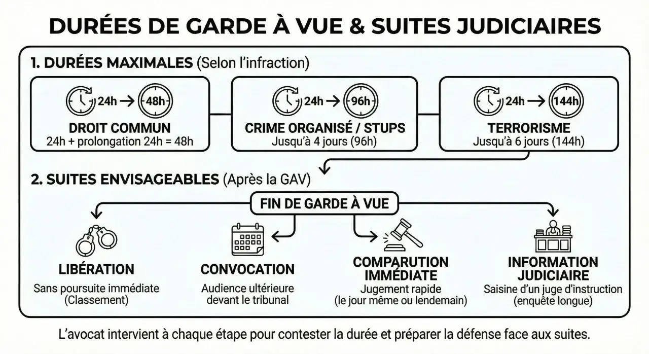 Sch&eacute;ma expliquant les dur&eacute;es maximales de garde &agrave; vue au commissariat et les suites judiciaires possibles : lib&eacute;ration, convocation, comparution imm&eacute;diate ou information judiciaire.