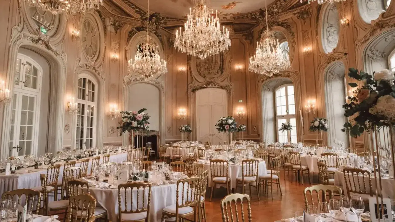 Prunkvoller Festsaal mit Kristalllüstern und goldenen Stühlen, bereit für eine besondere Hochzeitslocation.
