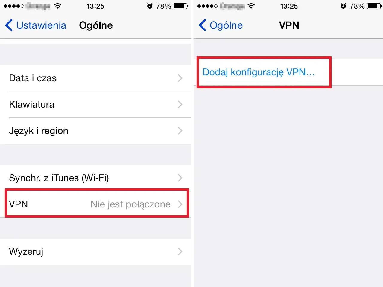 Konfiguracja VPN na iPhonie. Widok ustawień ogólnych, sekcja VPN, gdzie można dodać nową konfigurację lub sprawdzić status połączenia.