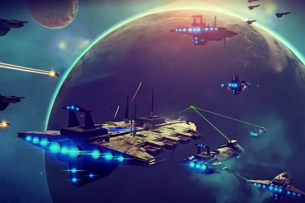 Naves espaciales combaten cerca de un planeta. Una guía de No Man's Sky podría mostrar esta escena de acción.