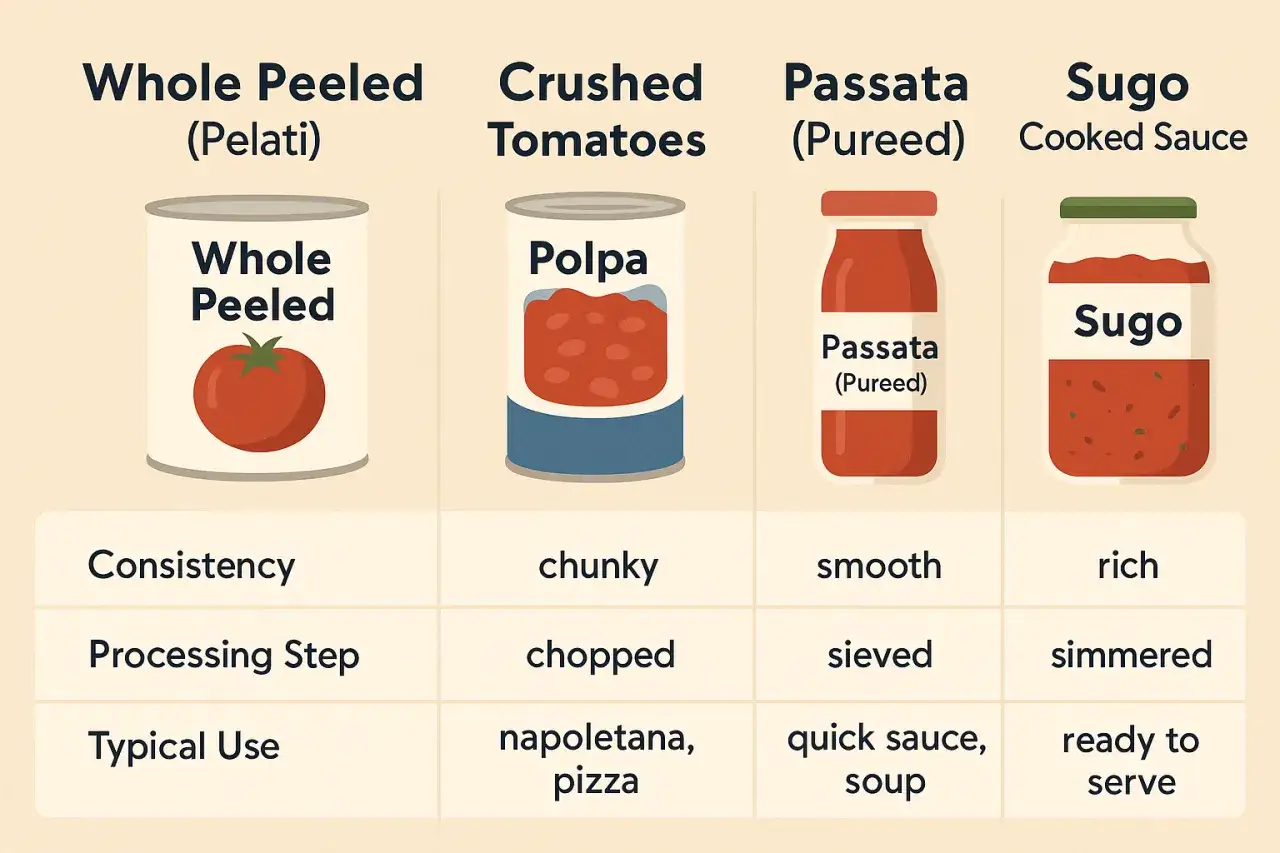 Tabela porównuje pomidory: całe, rozdrobnione, passata (przecier) i sugo. Czy passata nadaje się do pizzy? Tak, jest idealna do szybkich sosów i pizzy.