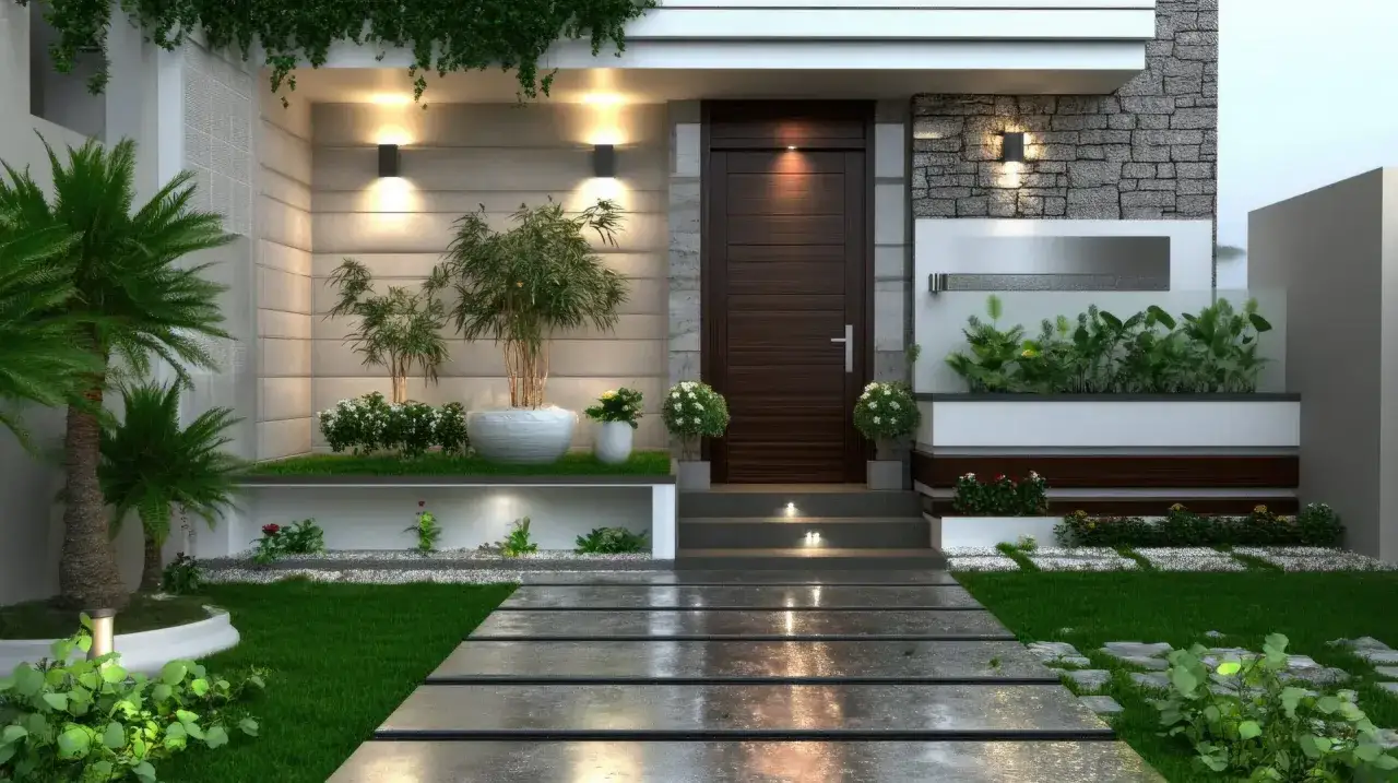 Un ingresso esterno moderno e accogliente, con piante rigogliose e illuminazione soffusa per abbellire ingresso esterno casa.