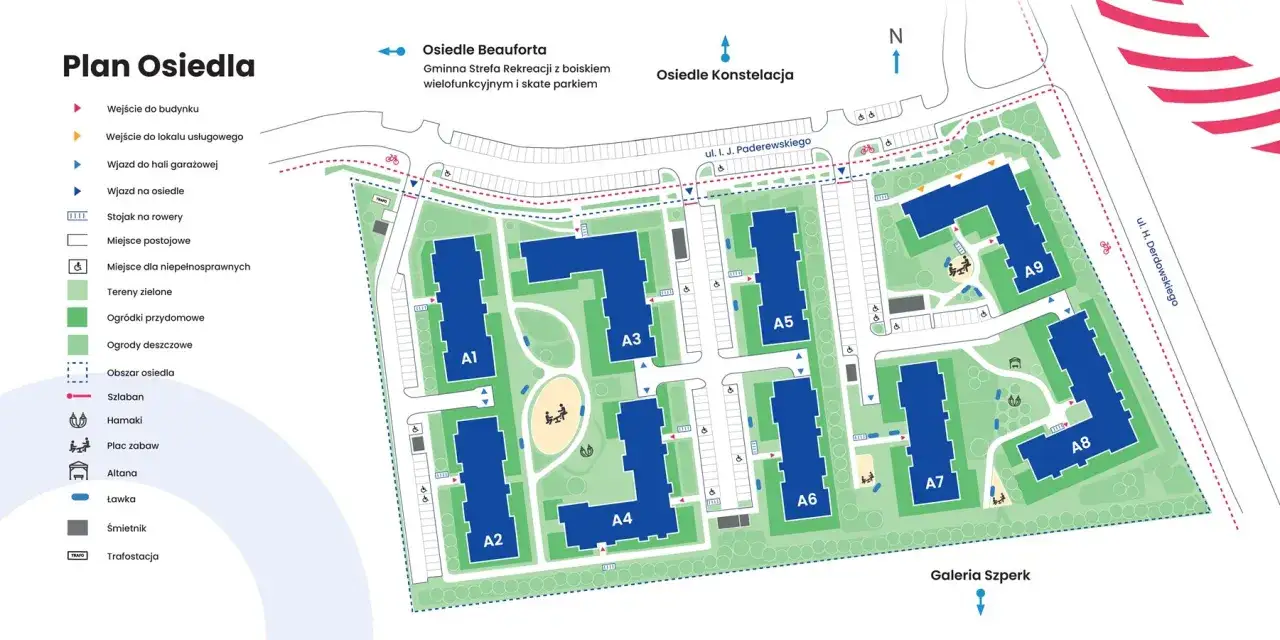 Plan osiedla z budynkami A1-A9, placami zabaw, terenami zielonymi i parkingami. Nowe inwestycje Gdynia w okolicy ulic Paderewskiego i Derdowskiego.
