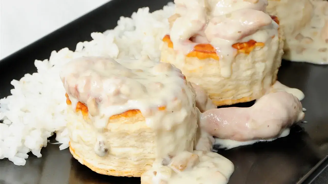 Dos volovanes rellenos de un cremoso guiso de pollo y champi&ntilde;ones, servidos con arroz blanco. Un delicioso bouchee a la reine.
