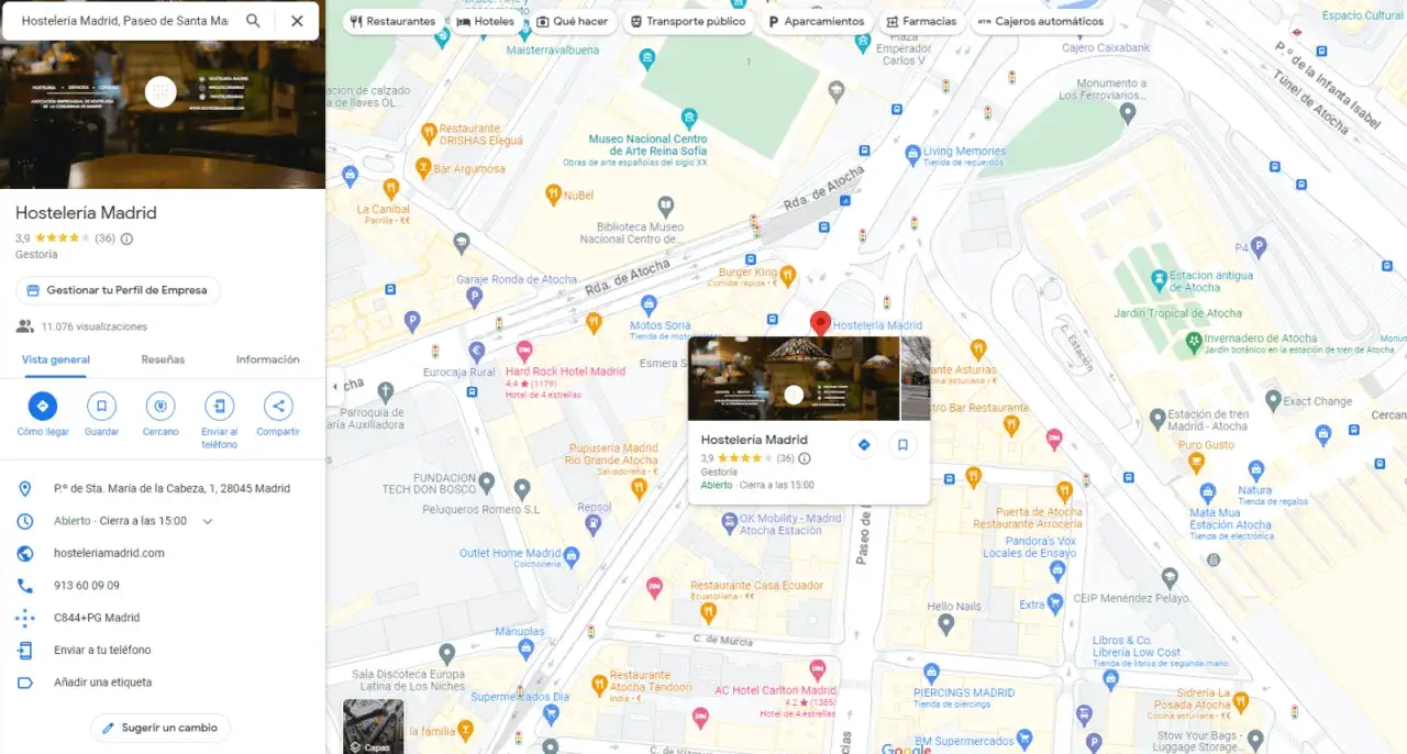 Hosteler&iacute;a Madrid en el mapa, ideal para **seo local**. Muestra su ubicaci&oacute;n, horario y datos de contacto.
