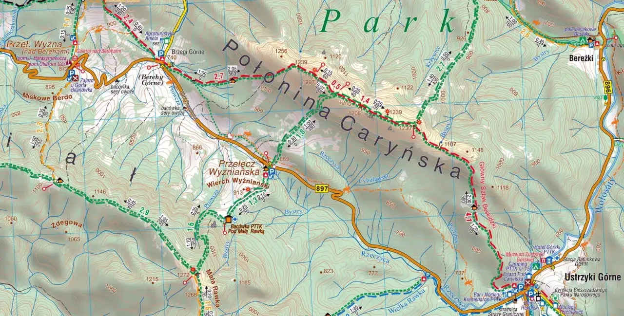 Mapa turystyczna Bieszczadów z zaznaczonymi szlakami, szczytami (Połonina Caryńska, Połonina Wetlińska) i miejscowościami, w tym Ustrzyki Górne.