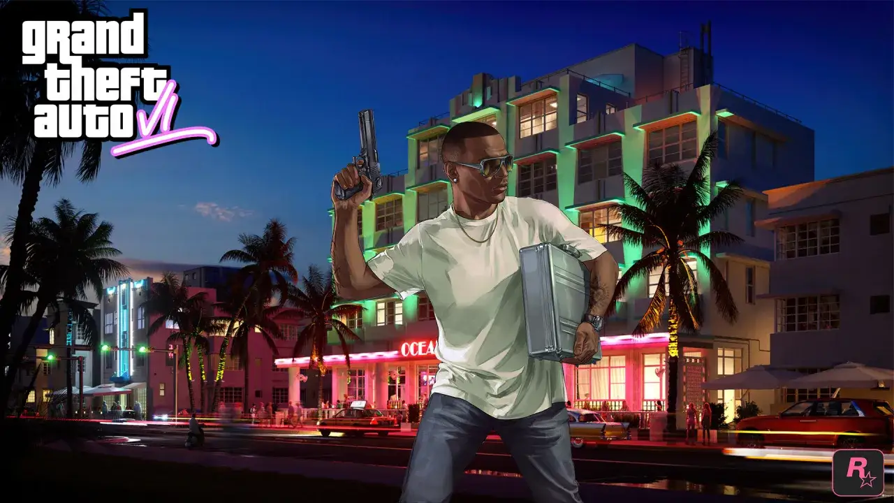 Un hombre con un malet&iacute;n y un arma se para frente a un hotel de ne&oacute;n. &iexcl;La aventura de GTA 6 PC te espera!