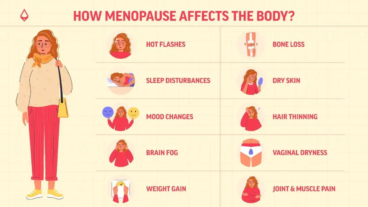 I 10 sintomi della menopausa: vampate, disturbi del sonno, sbalzi d'umore, nebbia cerebrale, aumento di peso, perdita ossea, pelle secca, diradamento capelli, secchezza vaginale, dolori articolari.
