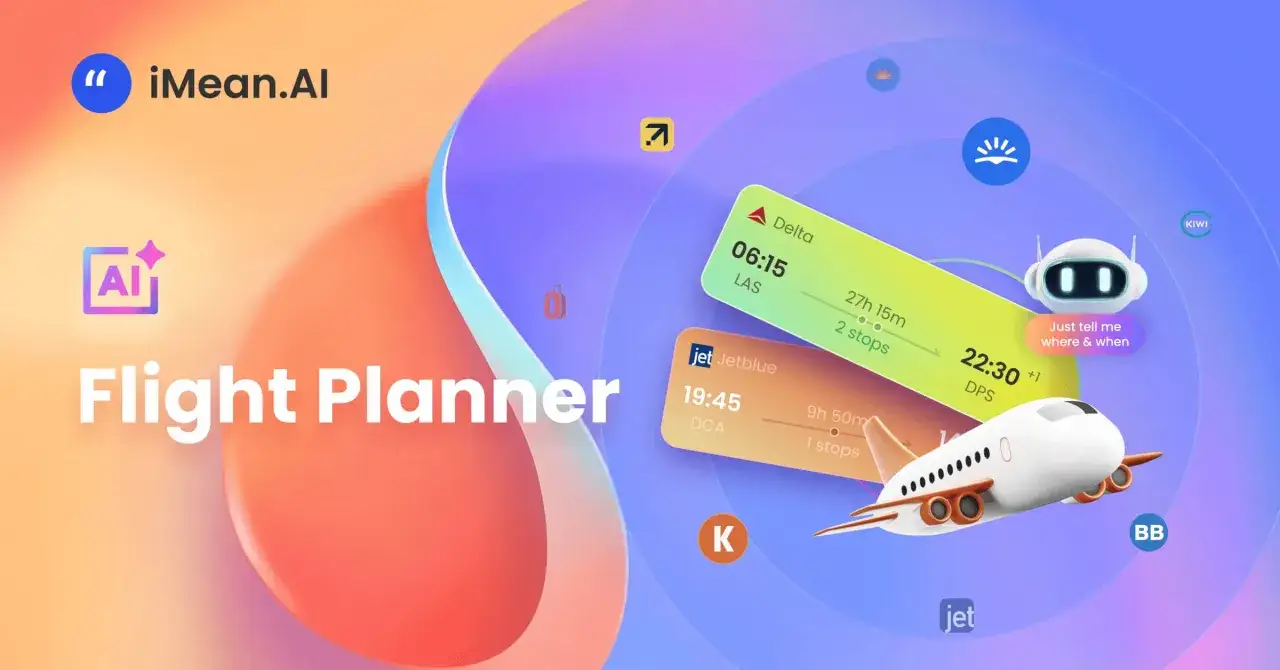 iMean.AI Flight Planner pomaga znaleźć tanie loty. Widzimy tu przykładowe połączenia lotnicze i robota AI.