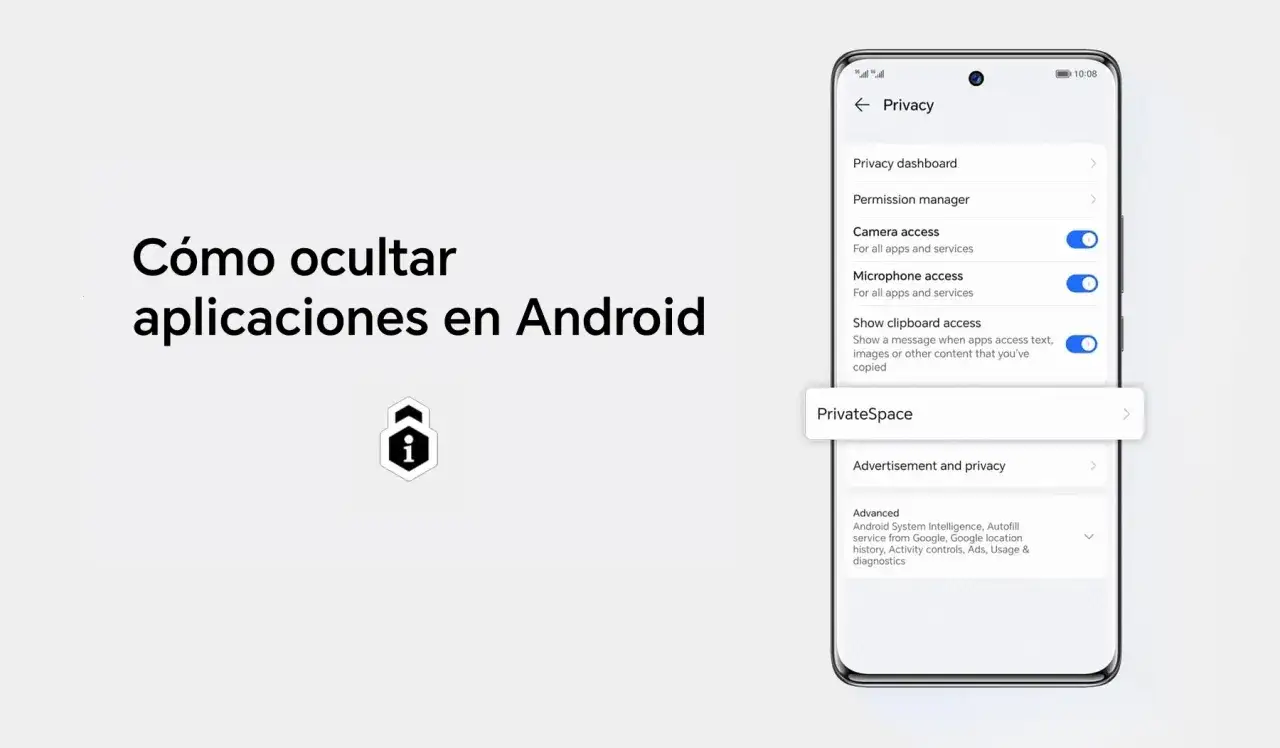 Guía visual sobre cómo ocultar aplicaciones en Android, mostrando el menú de privacidad y la opción PrivateSpace.