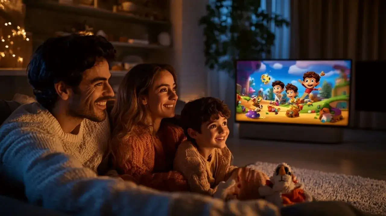 Familia disfrutando de dibujos animados en TV. El ni&ntilde;o, parte de la generaci&oacute;n alfa, sonr&iacute;e mientras sus padres observan la pantalla.