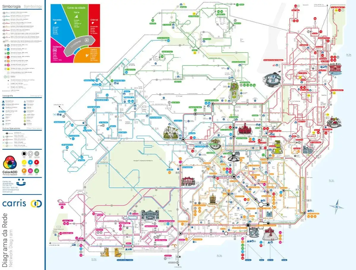 Mapa de transportes públicos de Lisboa, ideal para planificar qué ver en Lisboa en 3 días. Muestra rutas de metro, tranvía y autobús.