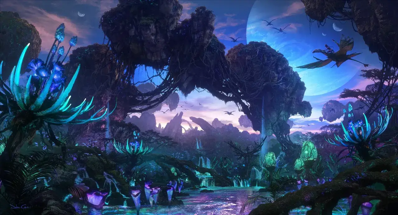 Nawiedzony las Pandory z latającymi wyspami, wodospadami i bioluminescencyjną florą. Na niebie widać księżyc i latającego stwora z jeźdźcem – to nowy avatar.