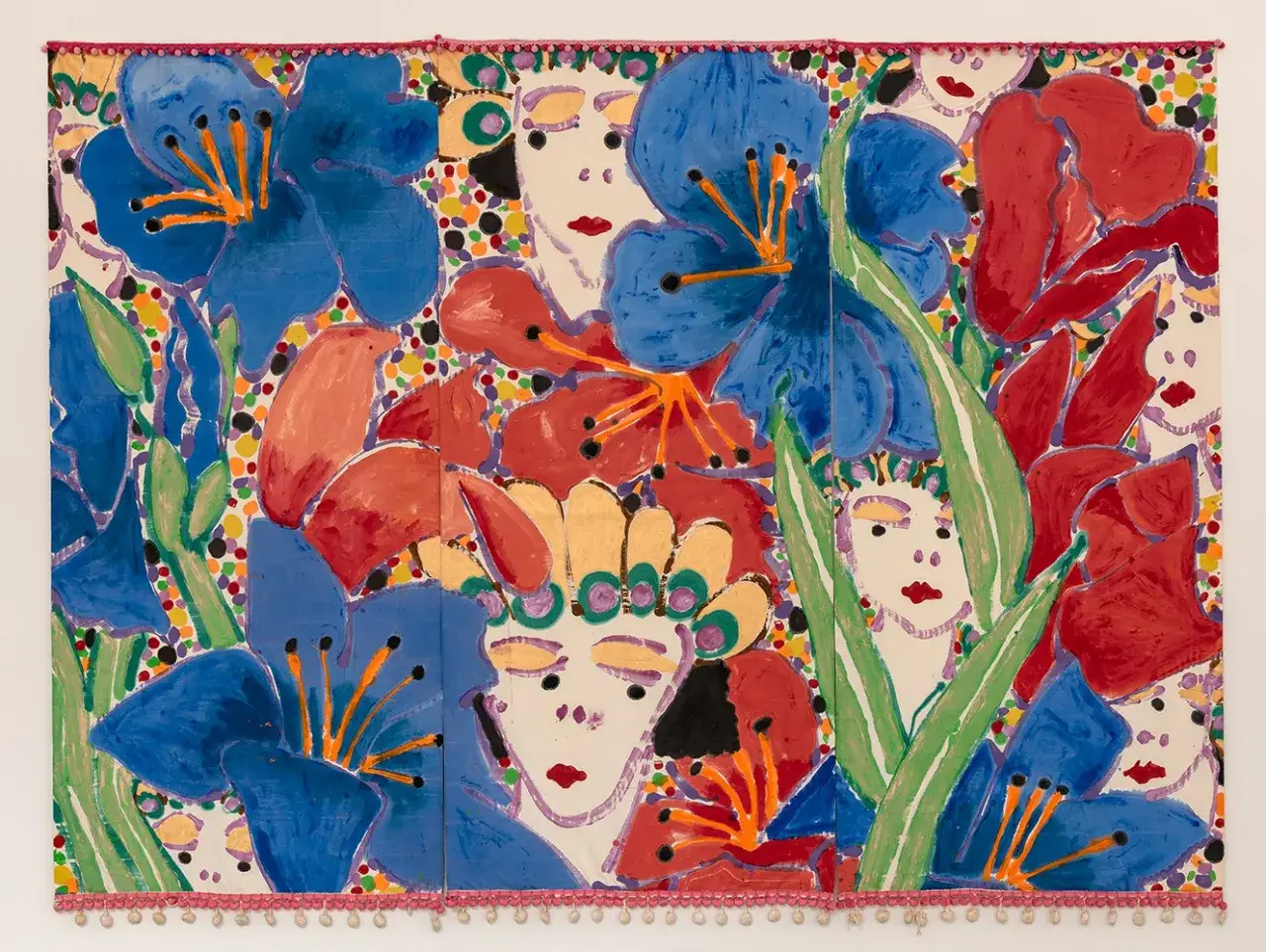Vibrant floral pattern and faces create a sense of movement and decoration.