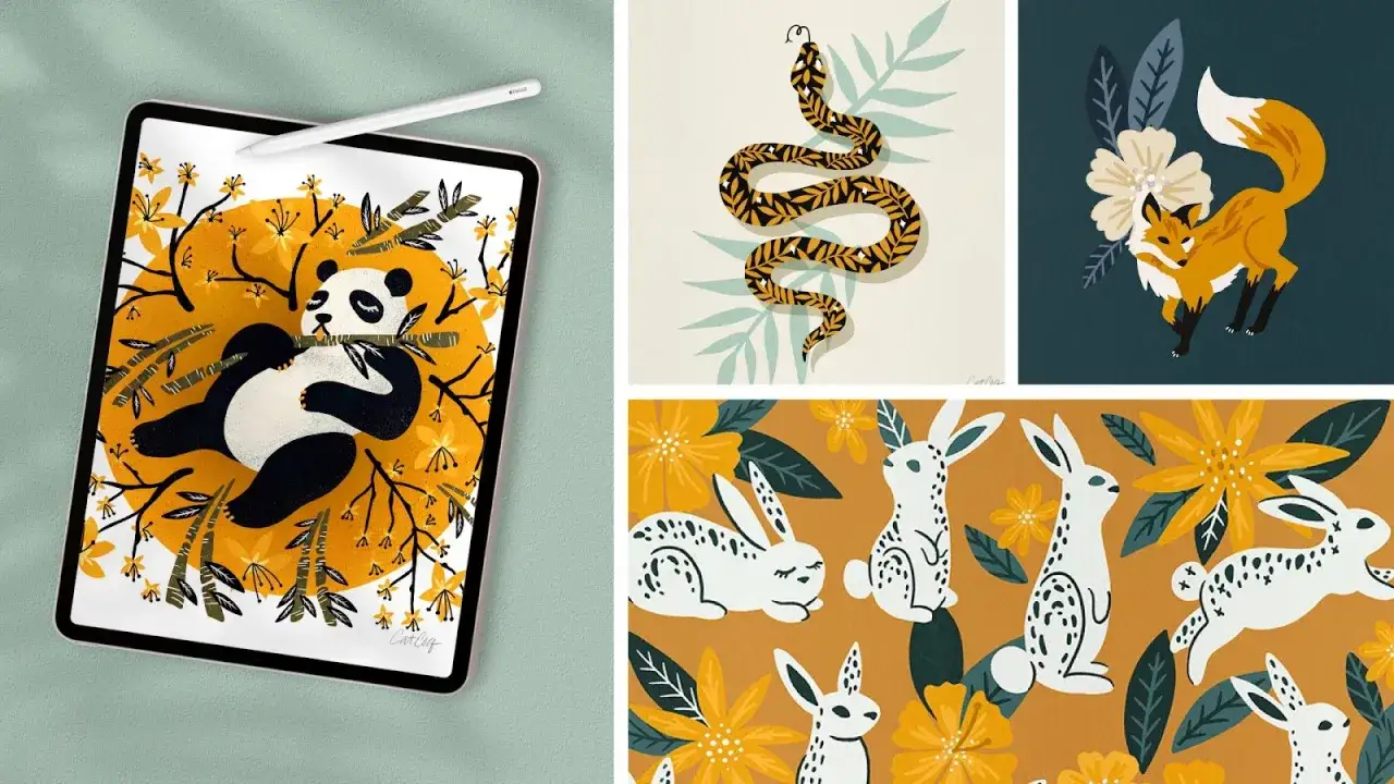 Colecci&oacute;n de dibujos de animales para dibujar: un panda comiendo bamb&uacute;, una serpiente estilizada, un zorro y conejos con flores.