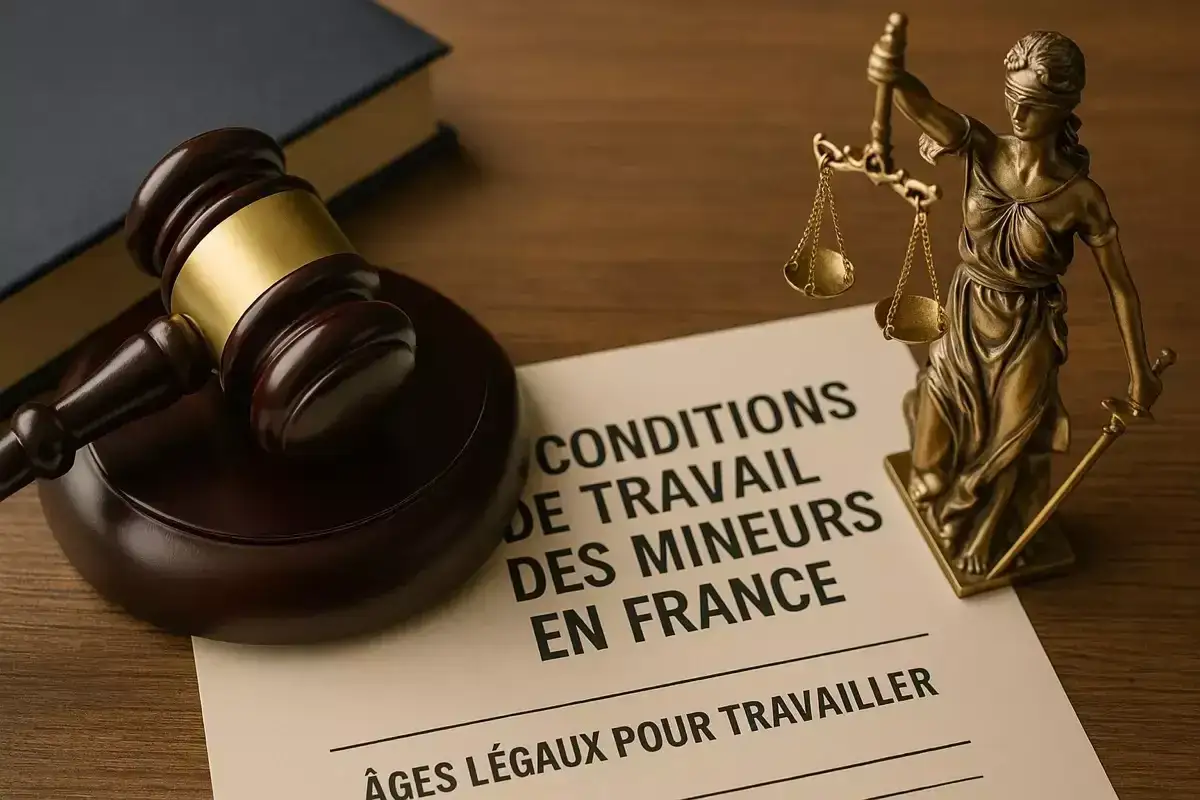 Marteau de juge, balance de la justice et document sur les conditions de travail des mineurs en France. Le texte mentionne les âges légaux pour travailler, soulignant l'importance d'un horaire travail mineur réglementé.