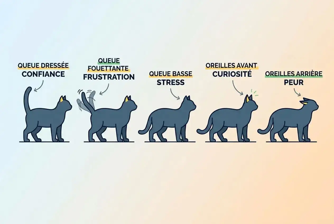Cinq chats illustrent le langage corporel félin : confiance (queue dressée), frustration (queue fouettante), stress (queue basse), curiosité (oreilles avant), peur (oreilles arrière).