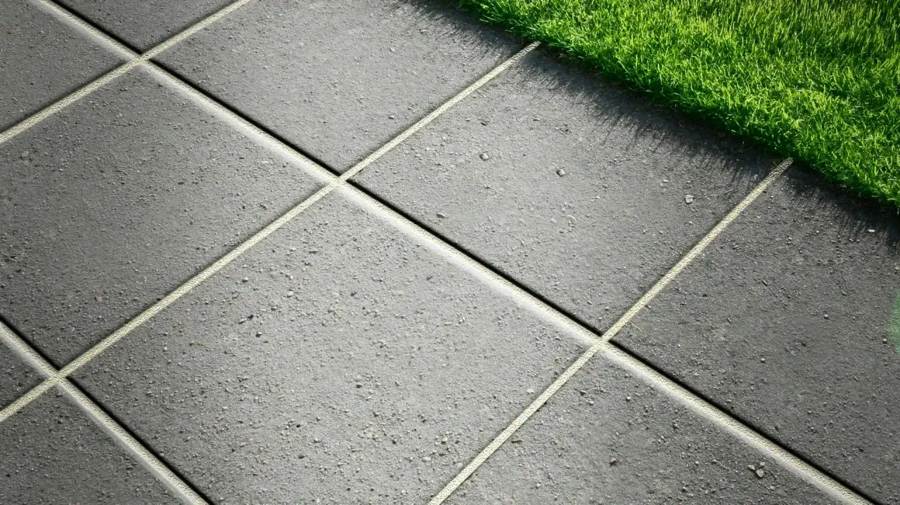 Nahaufnahme von grauen Terrassenplatten mit hellen Fugen. Daneben wächst grüner Rasen.