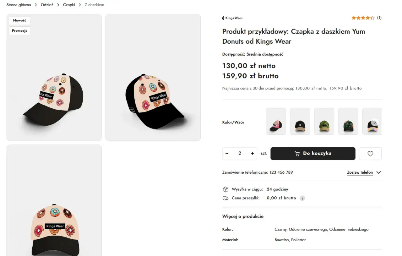 Karta produktu wz&oacute;r: czapka z daszkiem Kings Wear z motywem pączk&oacute;w Yum Donuts. Czarny, z kolorowymi pączkami.