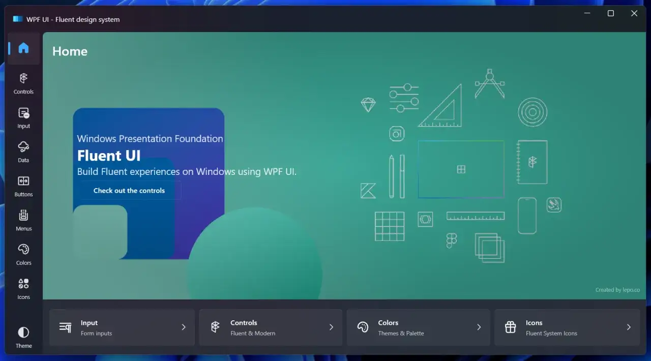 Strona główna aplikacji WPF UI, prezentująca Fluent UI do tworzenia nowoczesnych interfejsów.