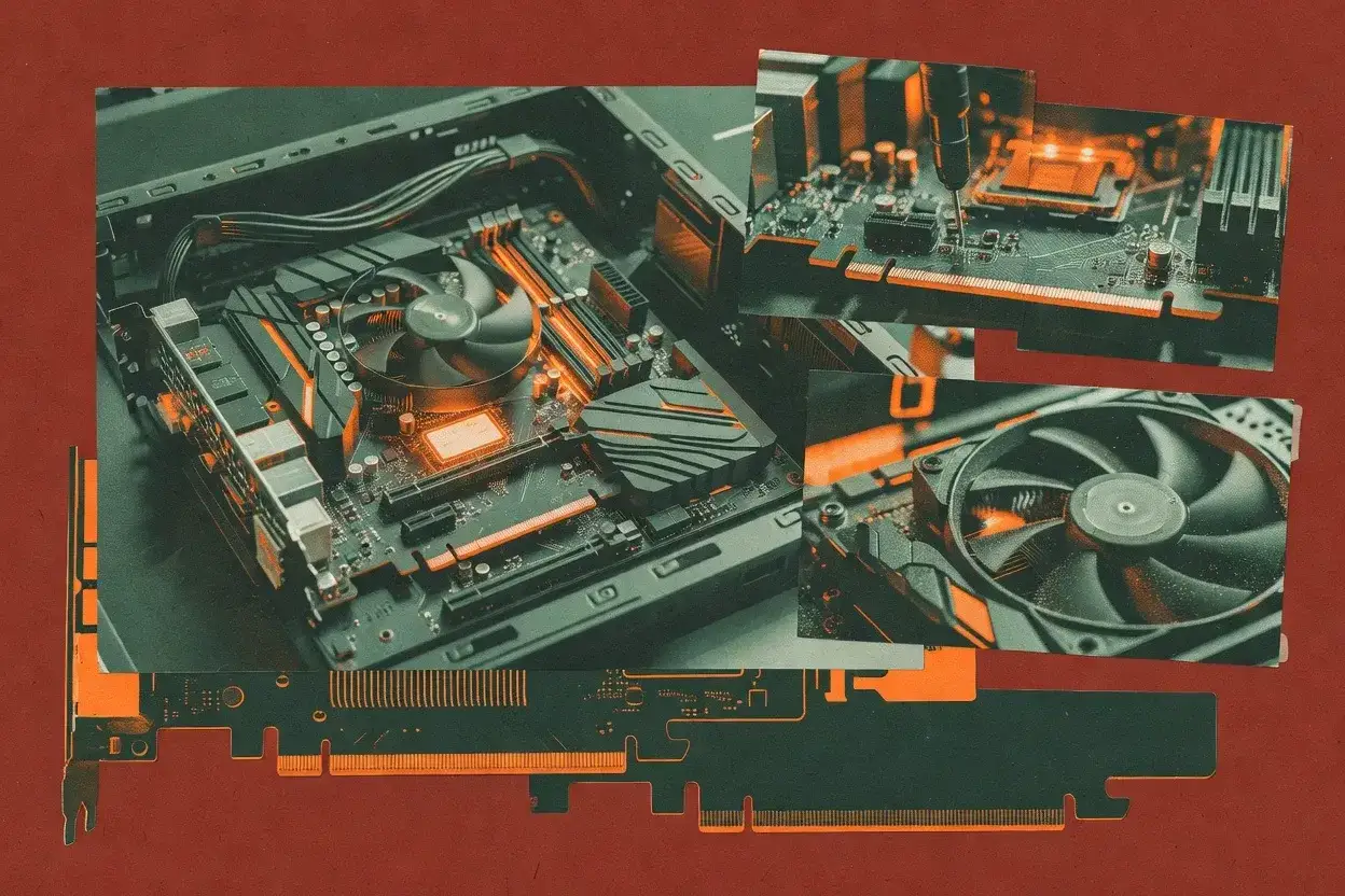 Componentes de un ordenador, incluyendo placa base, ventiladores y tarjetas gr&aacute;ficas. Un test grafica para ver el rendimiento.