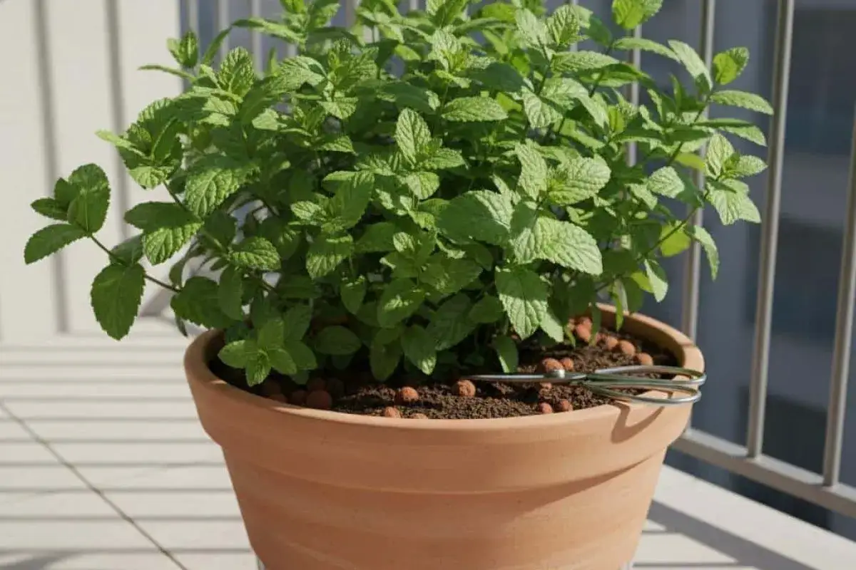 Un pot de menthe luxuriante sur un balcon, prêt pour son arrosage. Des billes d'argile et des ciseaux sont posés sur la terre.